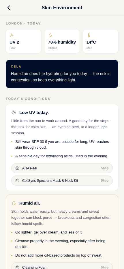 The skin environment screen in the CellSync app