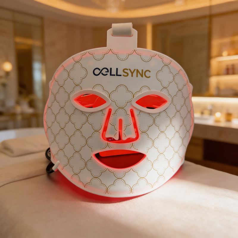 CellSync Spectrum Mask on a cream-linen surface, lit by soft gold light