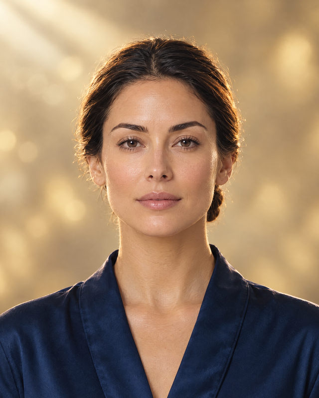 A woman facing the camera in warm light, a fine golden scan tracing her skin