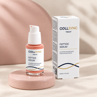 CellSync Peptide Serum bottle and carton with updated TREAT labels on a pink pedestal