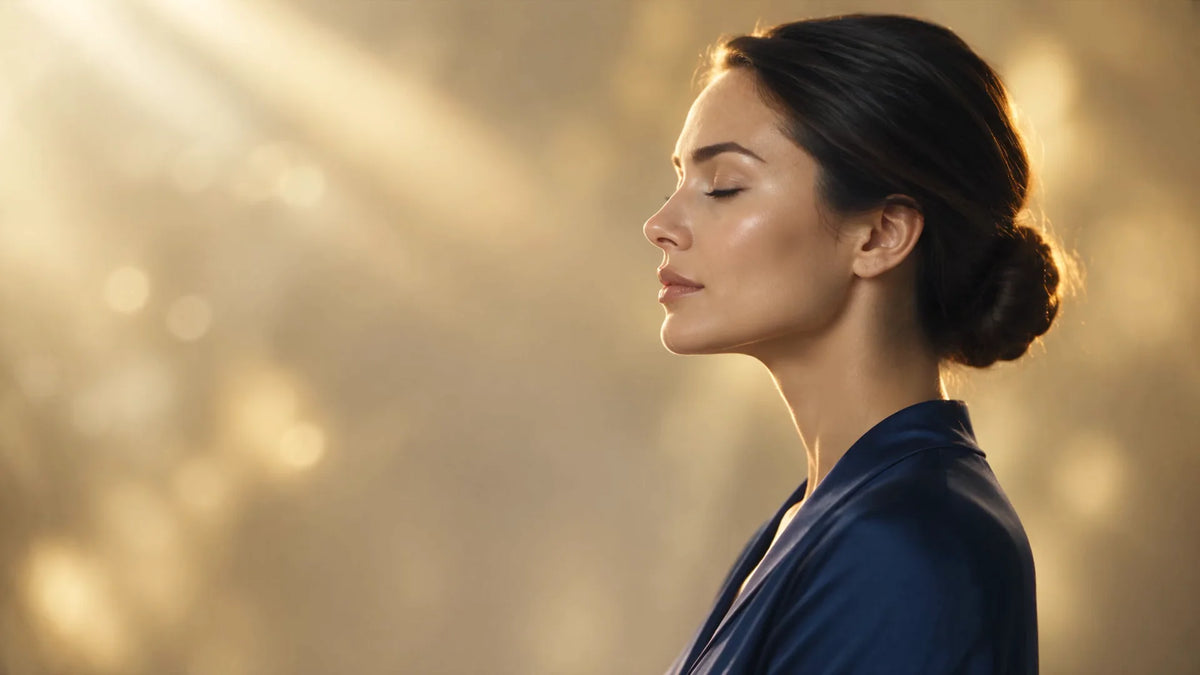 A woman in profile, eyes closed, in warm light, with a fine golden scan tracing her skin