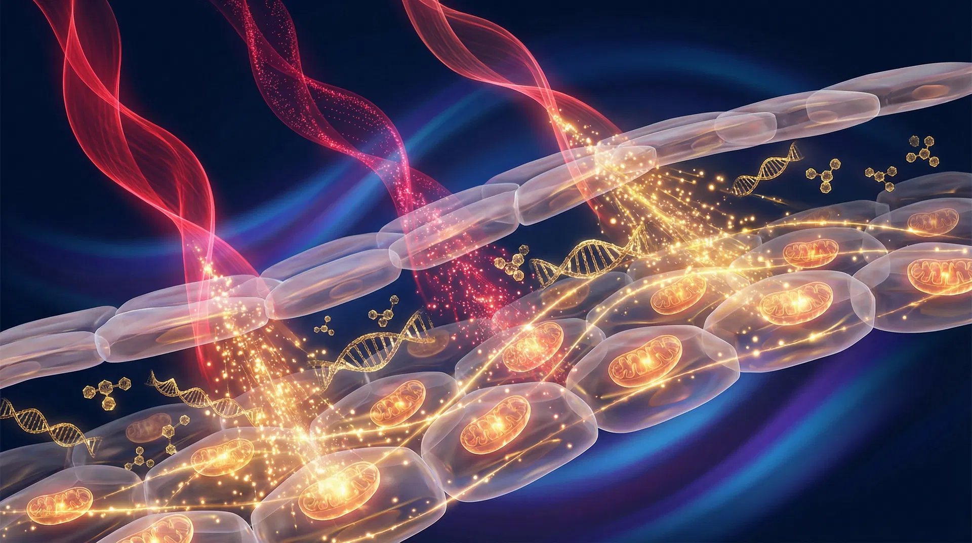 Red light interacting with cellular structures and mitochondria